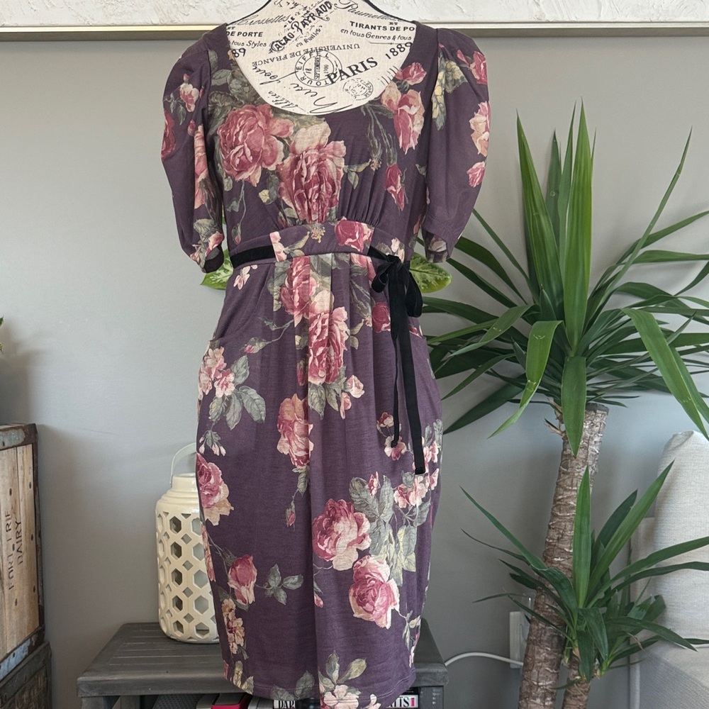 Zara Puffed Sleeved Purple Floral Midi Dress with Black Velvet Tie